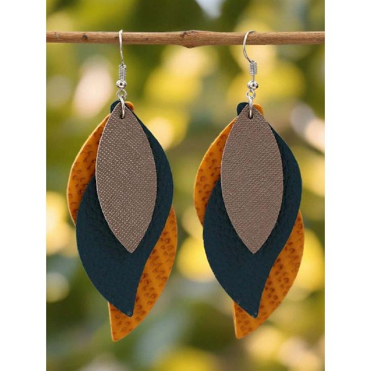1 Pair Creative Multi-Layer S-Shaped Leaf Leather Earrings, Vintage 3-Layer PU Leather Earrings For Women, Gift Earrings