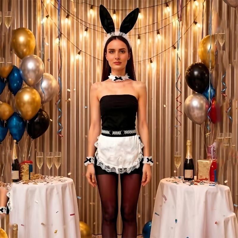 5Pcs Womens Bunnies Costume Accessories Set Rabbit Ears Headband Bows Tie Collar Cuffs Apron Maid Outfits for Womens