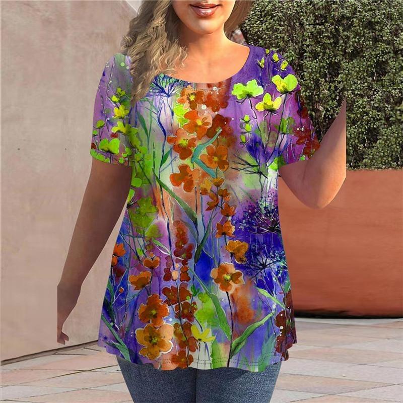Summer Round Neck 3D Floral Butterfly Printed Top Fashionable Casual Short Sleeved Women's Plus SizeT-shirts