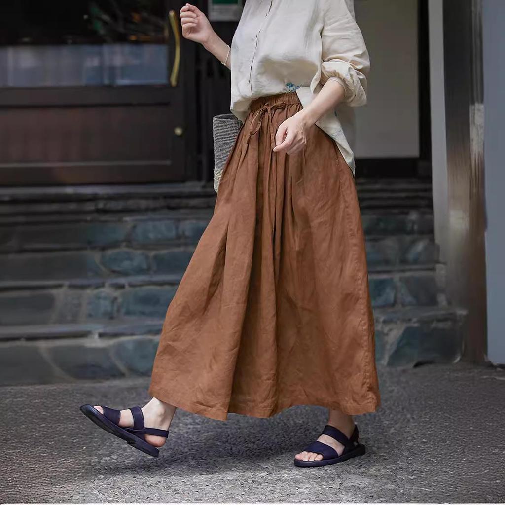 Women's Retro Cotton-Linen Elastic Waist Pleated Skirt - Summer 2023