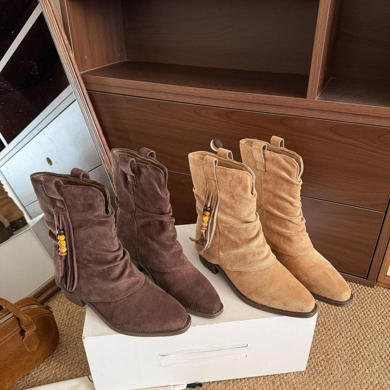 Modă Botine Drapate cu Toc Gros Vintage pentru Femei Toamnă 2025 Noi Cizme Mid-Leg cu Ciucuri și Mărgele