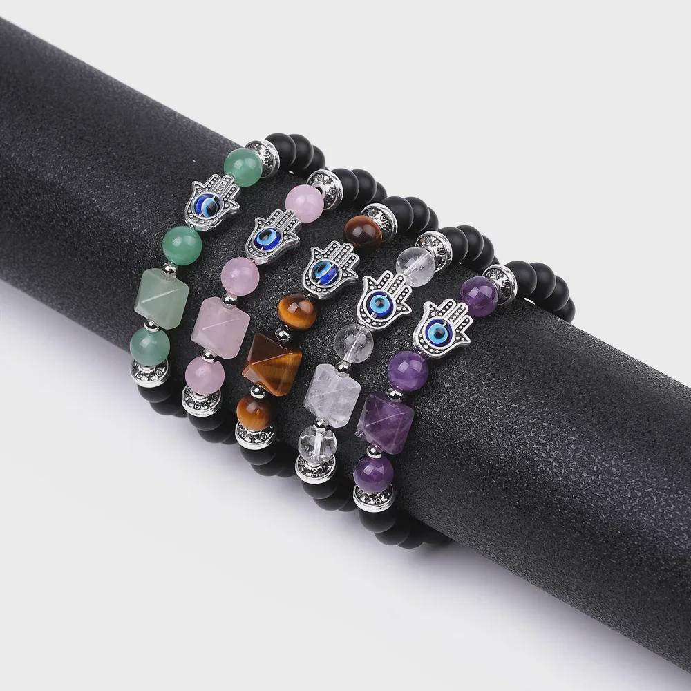 Women's Amethyst Pyramid & Hand of Fatima Bracelet with Devil's Eye & Agate Tiger Stone