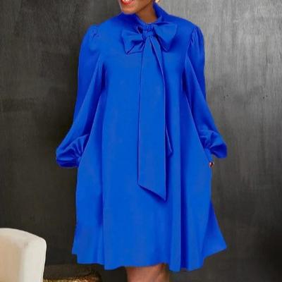 Women Loose Dress Lace-up Bow Neck Long Lantern Sleeves Solid Color Knee Length Formal OL Commute Midi Dress