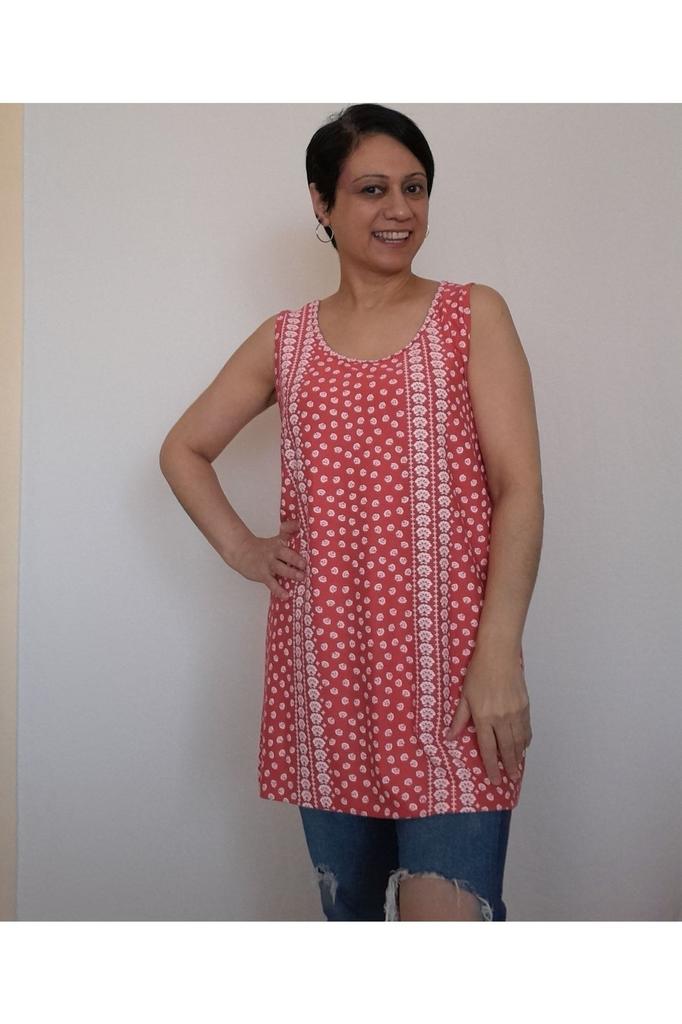 Damenstil Übergröße T-Shirt Weißes Geblümtes Korallfarbenes Trägerhemd Gekämmte Baumwolle Viskose T-Shirt