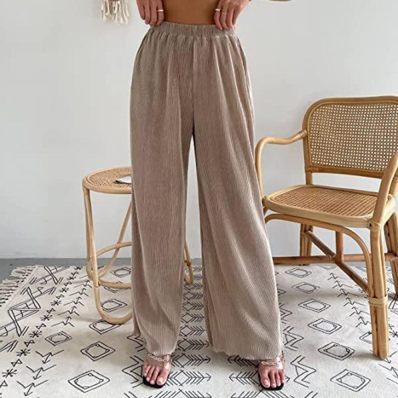 Neue Damen Casual Locker Sitzende Einfarbige Weite Hosen, Plissierte Fließende Hosen mit Drapierter Stoff für Frühling Sommer