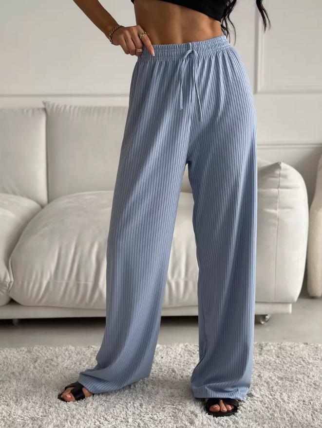 Women's Ribbed Elastic Waistband Casual Wide-Leg Jogging Pants