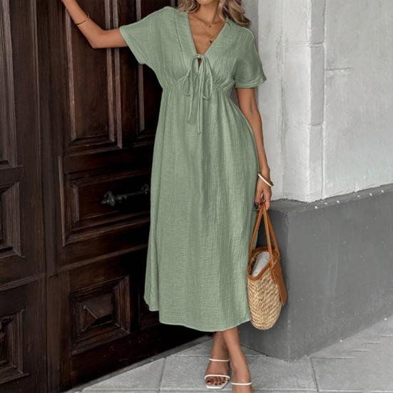 Damekjole V-hals Snøring Kortermet Høy midje Midikjole Ensfarvet Flytende kant Fritidskjole Hverdagsbruk