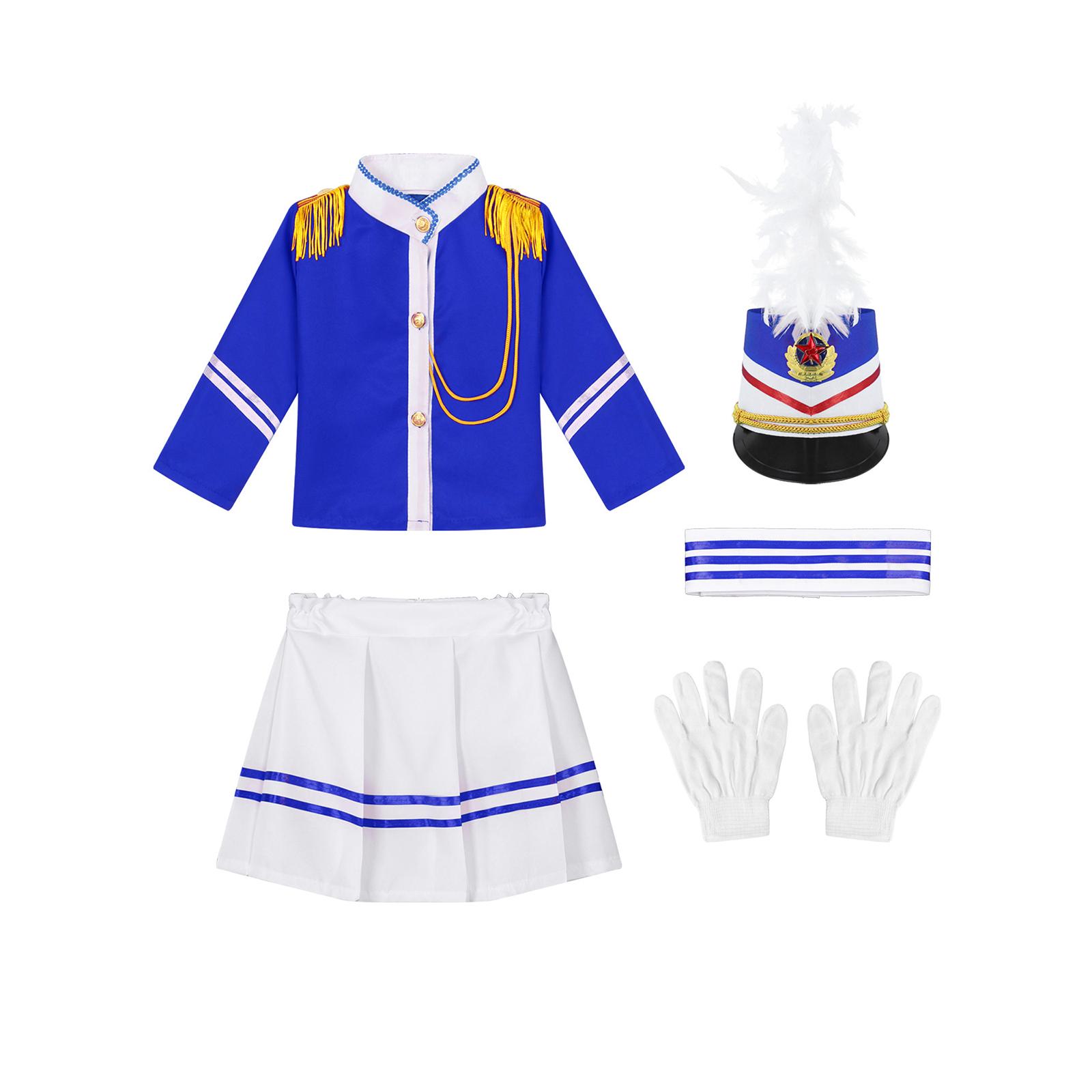 

4Pcs Long Sleeves Tops With Pants Pleated Skirt Feathers Trim Hat Gloves Waistband 4pcs Sets Unisex Drum Trumpet Team Costume Honor Guard Uniform