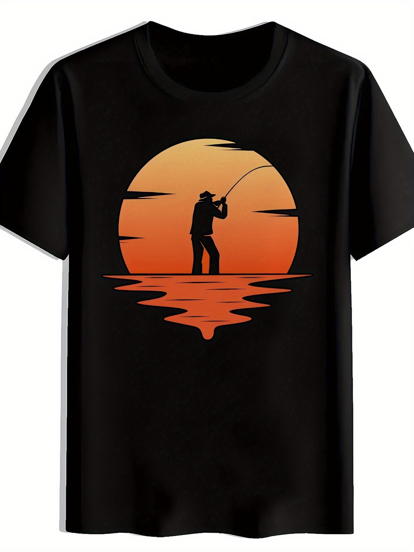 Fishing Graphic T-shirt - Black Tee with Orange Sunset Design XL