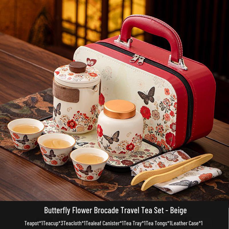Elegant Beige Butterfly Flower Ceramic Tea Set