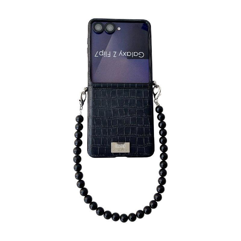Samsung Z Flip7 Case - Crocodile Texture, Folding Screen, Pearl Bracelet, Scratch-Resistant, Hard Protection
