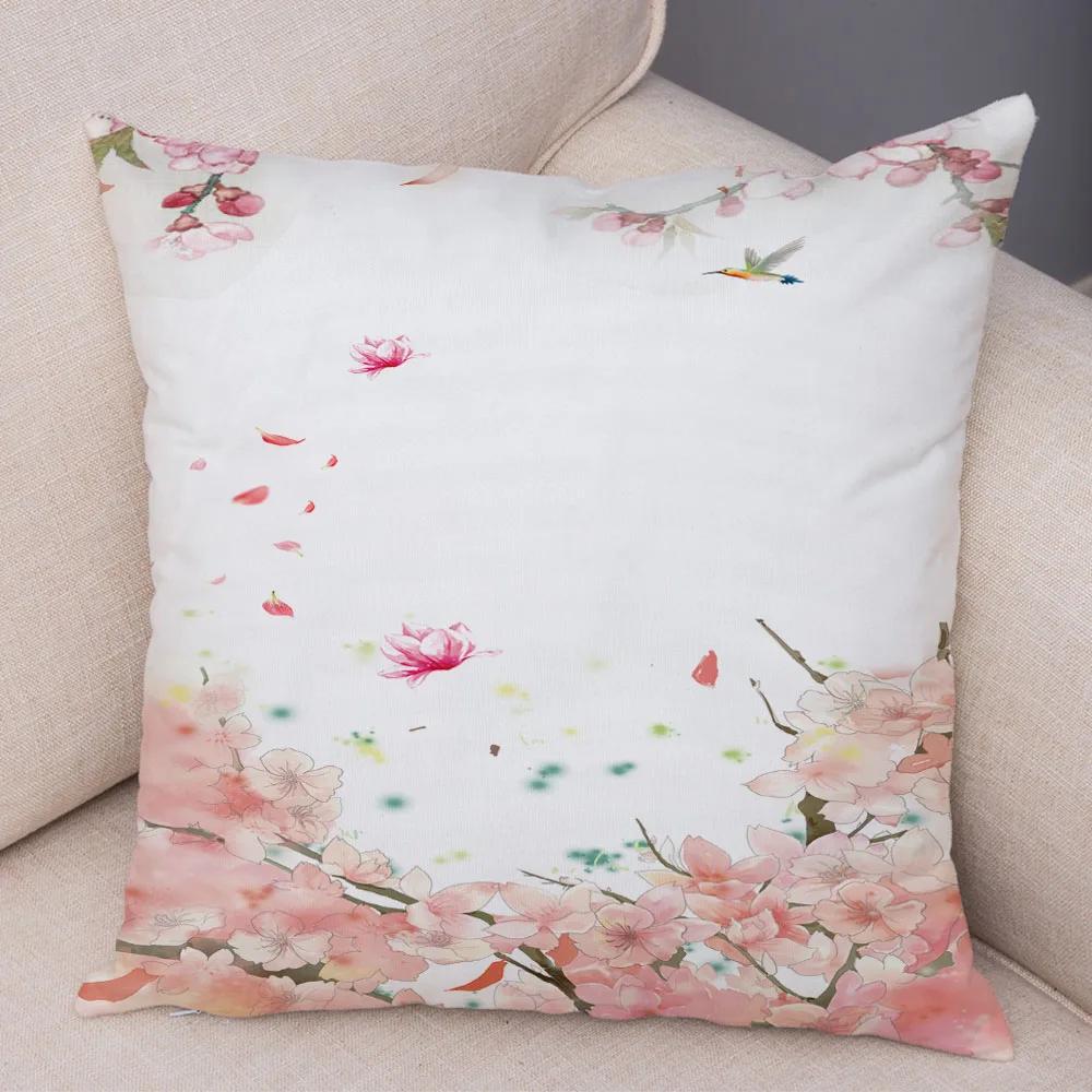Pink Peach Blossom Cushion Cover Decor Watercolor Cartoon Plant Tree Pillow Case for Sofa Home Car Soft Plush Pillowcase 45x45cm