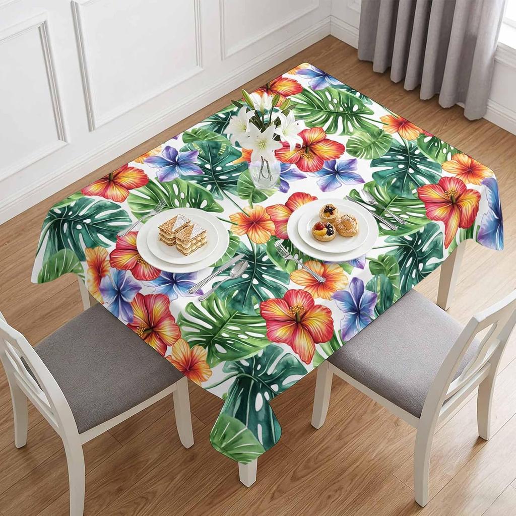 Summer Tropical Palm Leaves Flowers Print Tablecloth for Table Decor Watercolor Farmhouse Plants Kitchen Table Cloth Party Decor