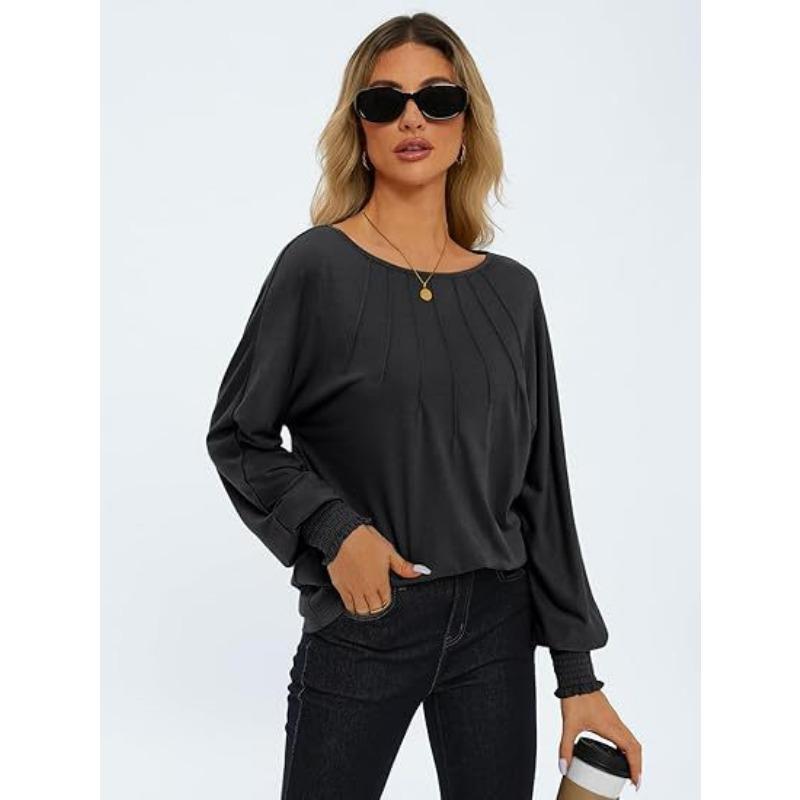 Autumn and Winter Women's Blouse Round Neck Pleated Long Sleeve Casual Tops