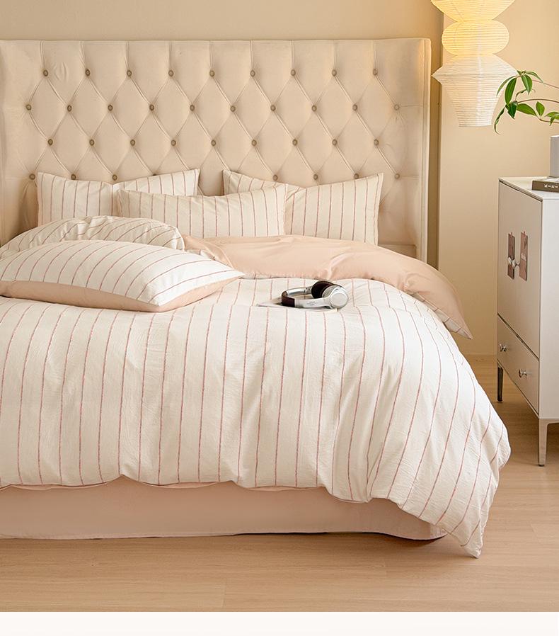 All-Cotton Chenille Jacquard 4-Piece Set: Striped Duvet Cover, Bed Sheet, Fitted Sheet - Simple Washed Cotton Design