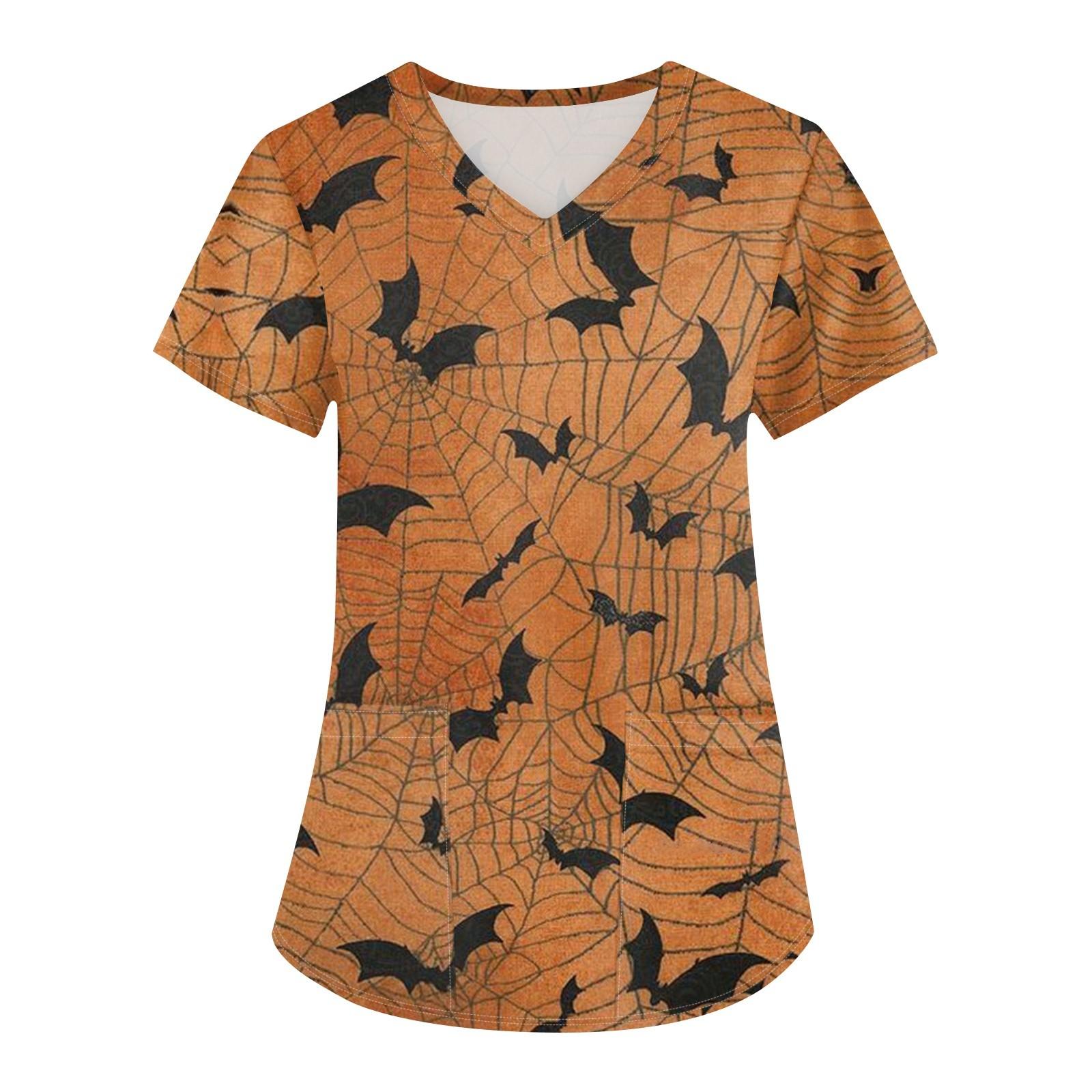 

Плюс размер Печатный скраб Рабочая форма Топы для женщин Крест V-образным вырезом Хэллоуин Принт с короткими рукавами Забавные футболки Спецодежда Футболка с карманами XXXXL красный