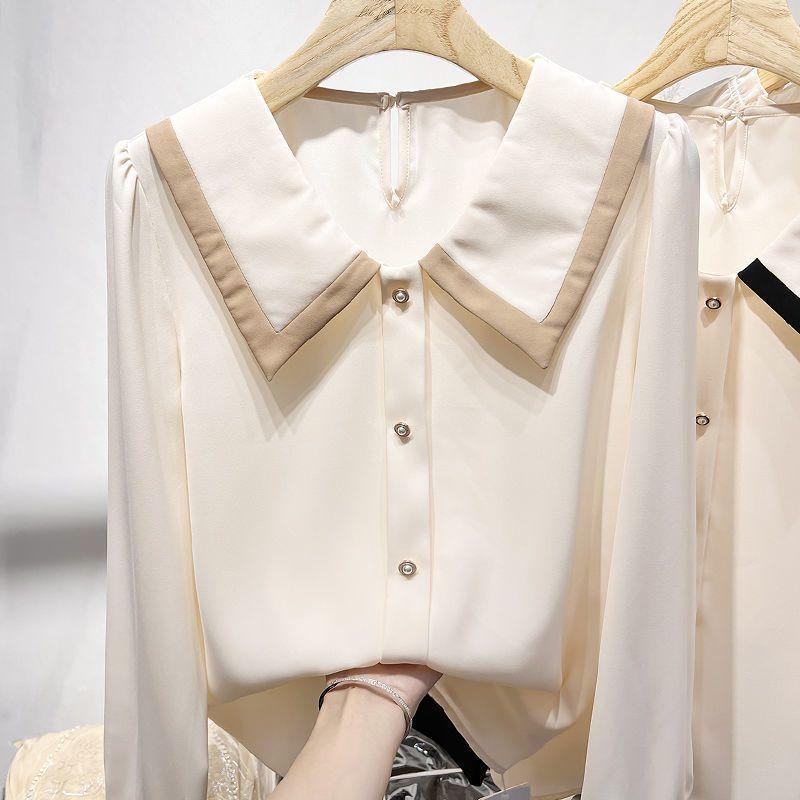 Spring Autumn Polo-neck Patchwork Elegant Fashion Blouse Women Long Sleeve Casual Buttons Cardigan Shirt Top