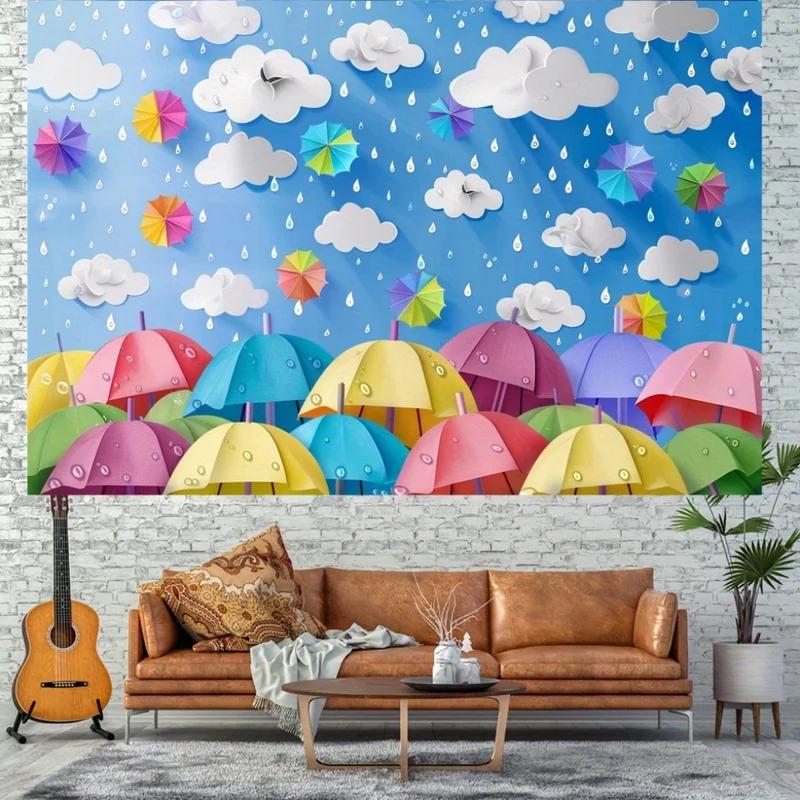 1 sheet, 2D flat, umbrella-themed cartoon background with clouds and raindrops, for shower backdrop party banner, wsj