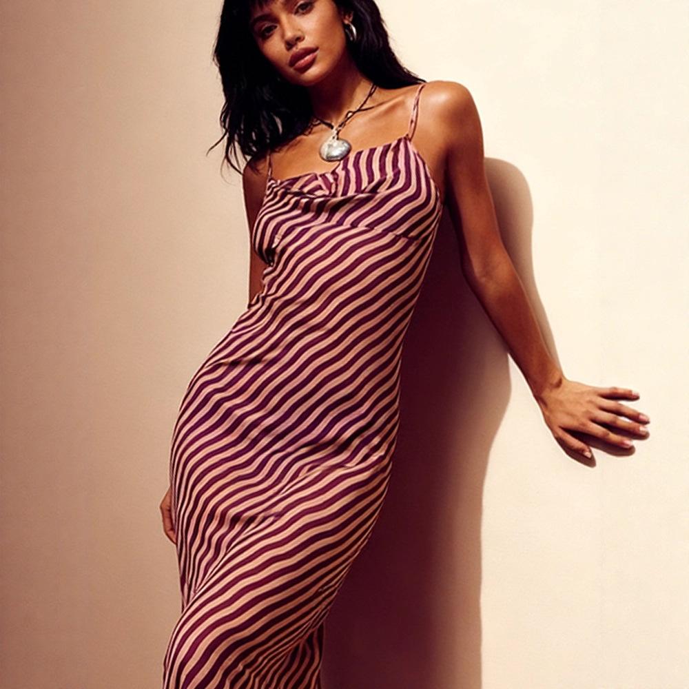 Women s Spaghetti Strap Sleeveless Maxi Dress Slim Mid Rise Sexy Striped Bodycon Evening Gown S