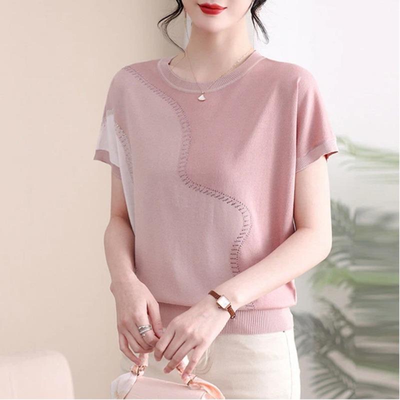 Women Summer New Ice Silk Round Neck Short Sleeve T Shirt Elegant Loose Thin Knit Top