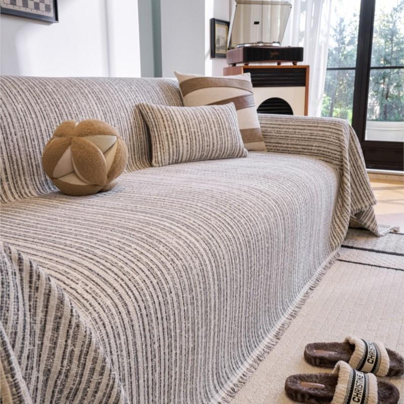 All-Season Universal Non-Slip Fit Soft Chenille Striola Couch Cover Cushion Protector One-Piece Full Coverage Sofa Throw Cover
