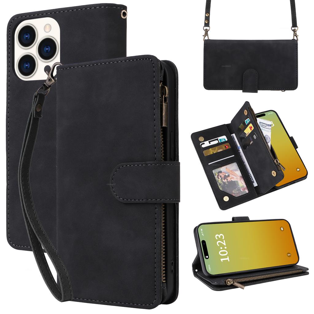 For iPhone 15 Pro Case Zipper Multi-Pocket Wallet Leather Phone Cover with Shoulder and Wrist Straps