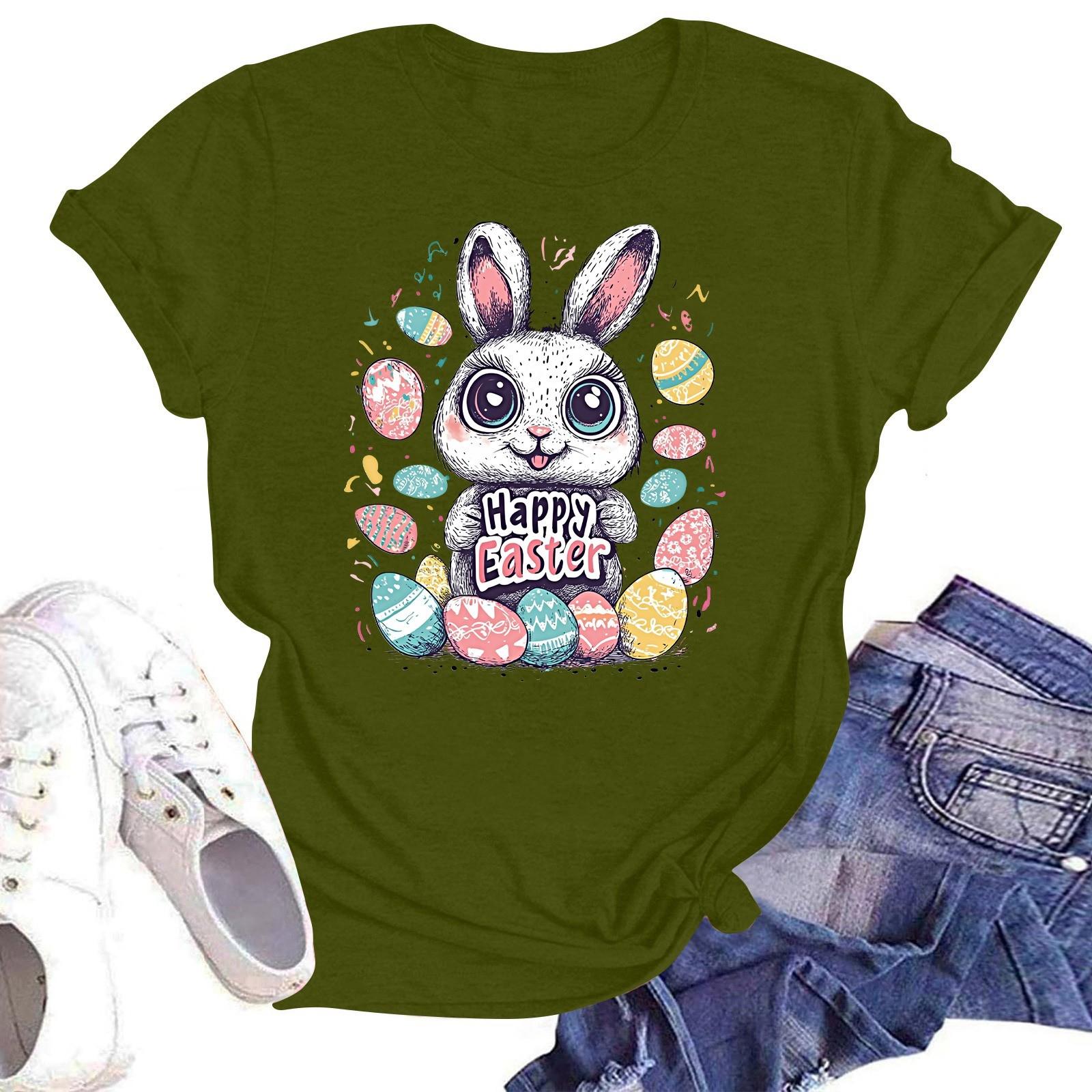 

Счастливой Пасхи женская мода принтованный круглый вырез короткий рукав футболка пуловер топ L армия зеленый