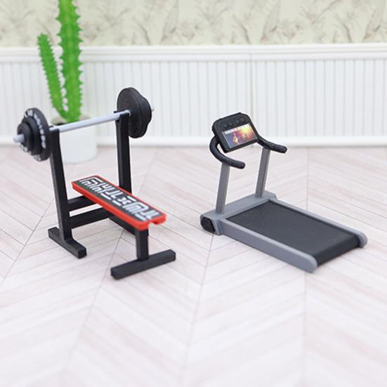Miniaturowy Sprzęt Fitness Mini Bieżnia Maszyna do Biegania Ławka do Wyciskania Sztanga Zabawka Miniaturowy Model Sprzętu Siłowni Akcesoria do Dekoracji Domku dla Lalek 1/12