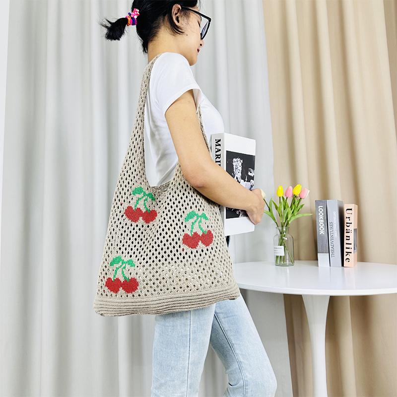 New I-Knitted Bag Knitted Bag Large Capacity Tote Bag Cherry Shoulder Bag