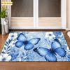 A Single 2D Flat Piece, Blue Butterfly Floral Pattern Doormat, Durable, Machine Washable, Universal Indoor Floor Mat, Doormat, Suitable for Kitchen, B