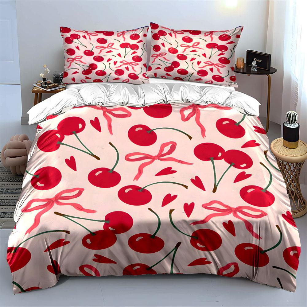 Cherry Pattern with Pink Bows Bedding Duvet Cover Set  (1*Duvet Cover 2*Pillowcases, without duvet insert)