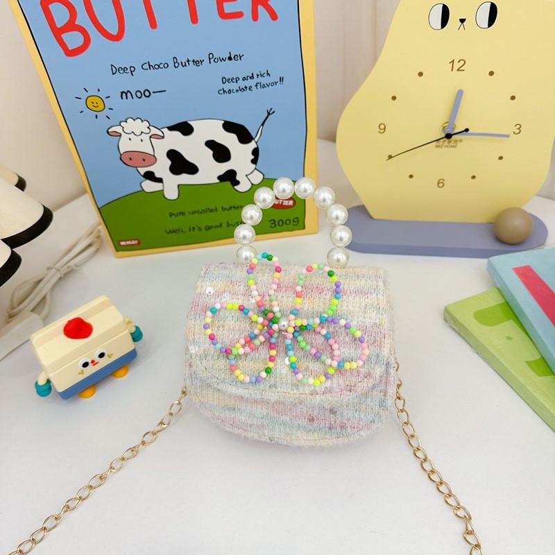 Charming Pink Bow Sequin Girls Shoulder Bag With Pearl Chain For Kids Fashion