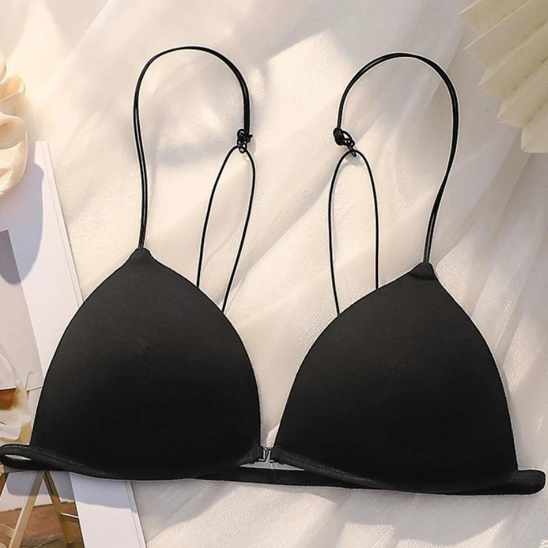 Women's Non Steel Ring Triangular Cup Small Chest and Beautiful Back Front Button Underwear Summer Thin Edition Seamless Strip Backless Bra