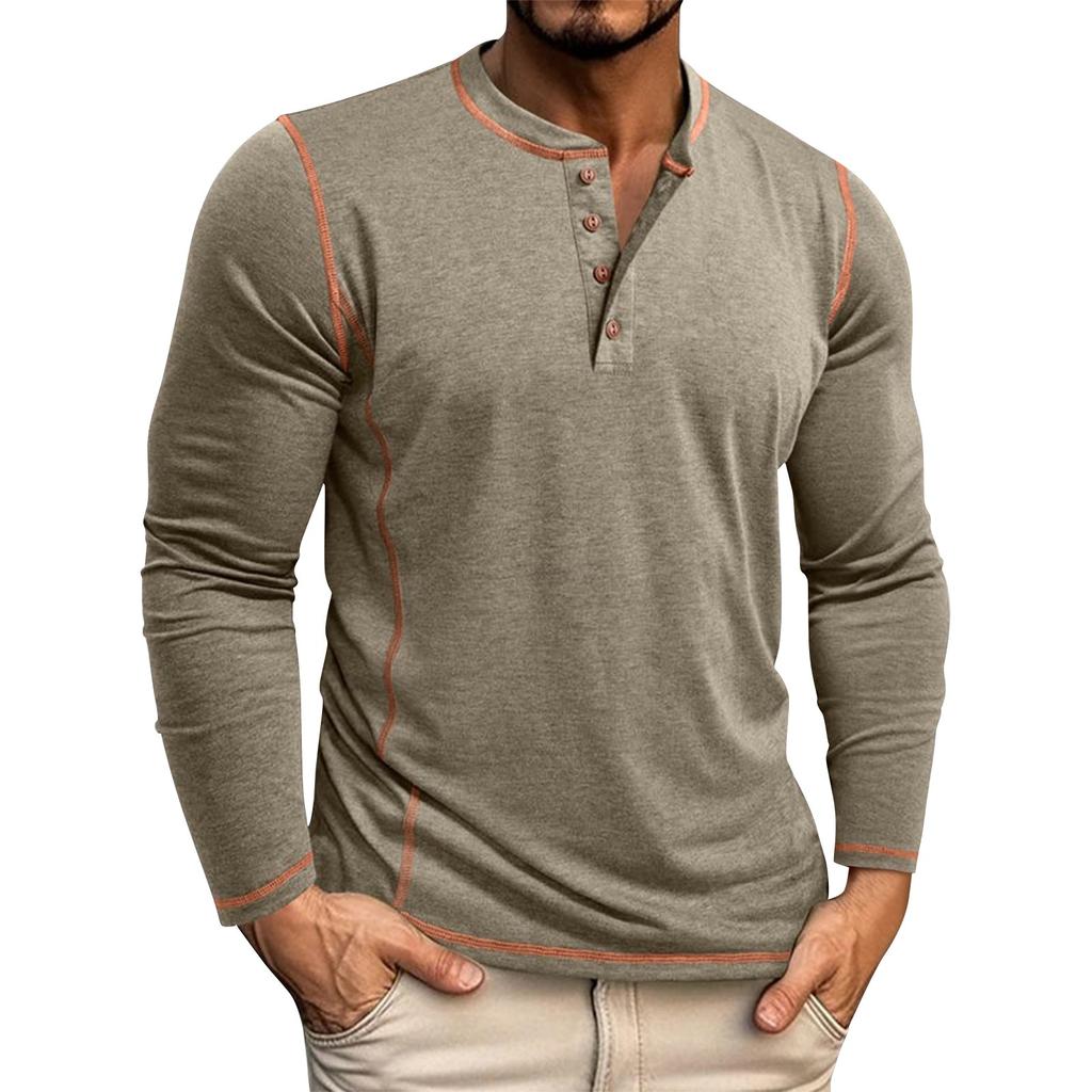 Men'S Four Button Top Autumn New Long Sleeved Henry Collar T-Shirt Daily Basic Regular Fitting Line Splicing Pullover Tops