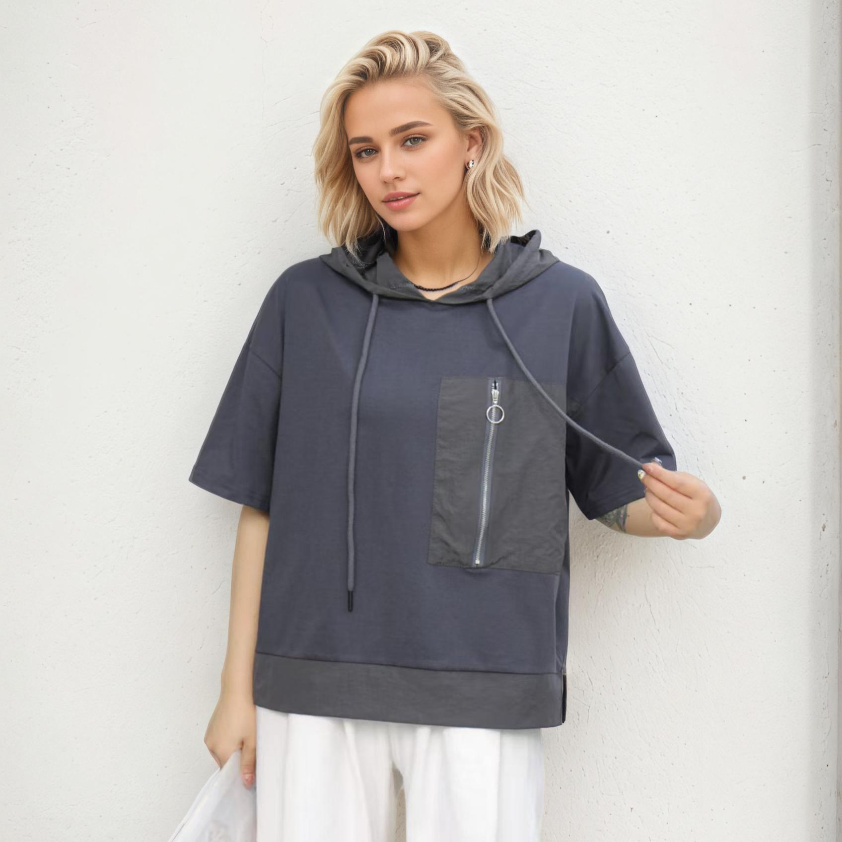 

DIMANAF 2025 Plus Size Pullover Hoodie Summer T Shirt Women Aymmetrical Solid Short Sleeve Loose Tees One Size
