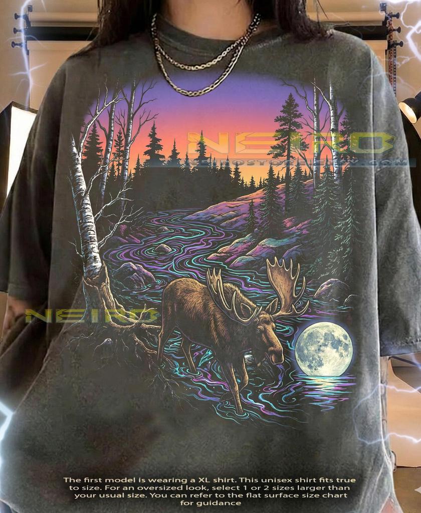 Moose Bull Moose Wildlife Nature Forest River Animal Lover Comfort Colors® Tshirt, Full Moon Neon Retro Night Sky Outdoors Tees,