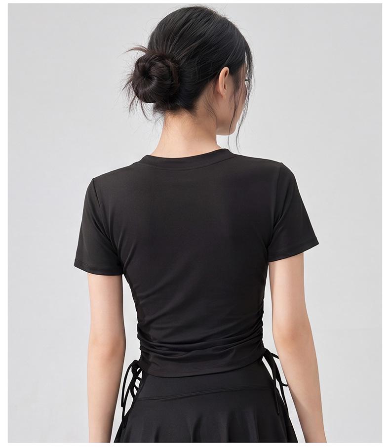 Women's Slim-Fit V-Neck Drawstring Top: Fashionable, Versatile, Soft Texture, Short-Sleeved T-Shirt, Complements All Skin Tones.