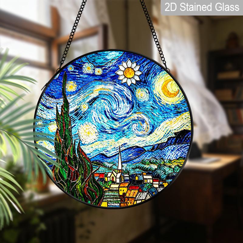 2D Flat Stained Glass Van Gogh Starry Night Window Decoration Colored Glass Plate, 7.87inches Hanging Sun Catcher Ornament with Chain, Charming Home