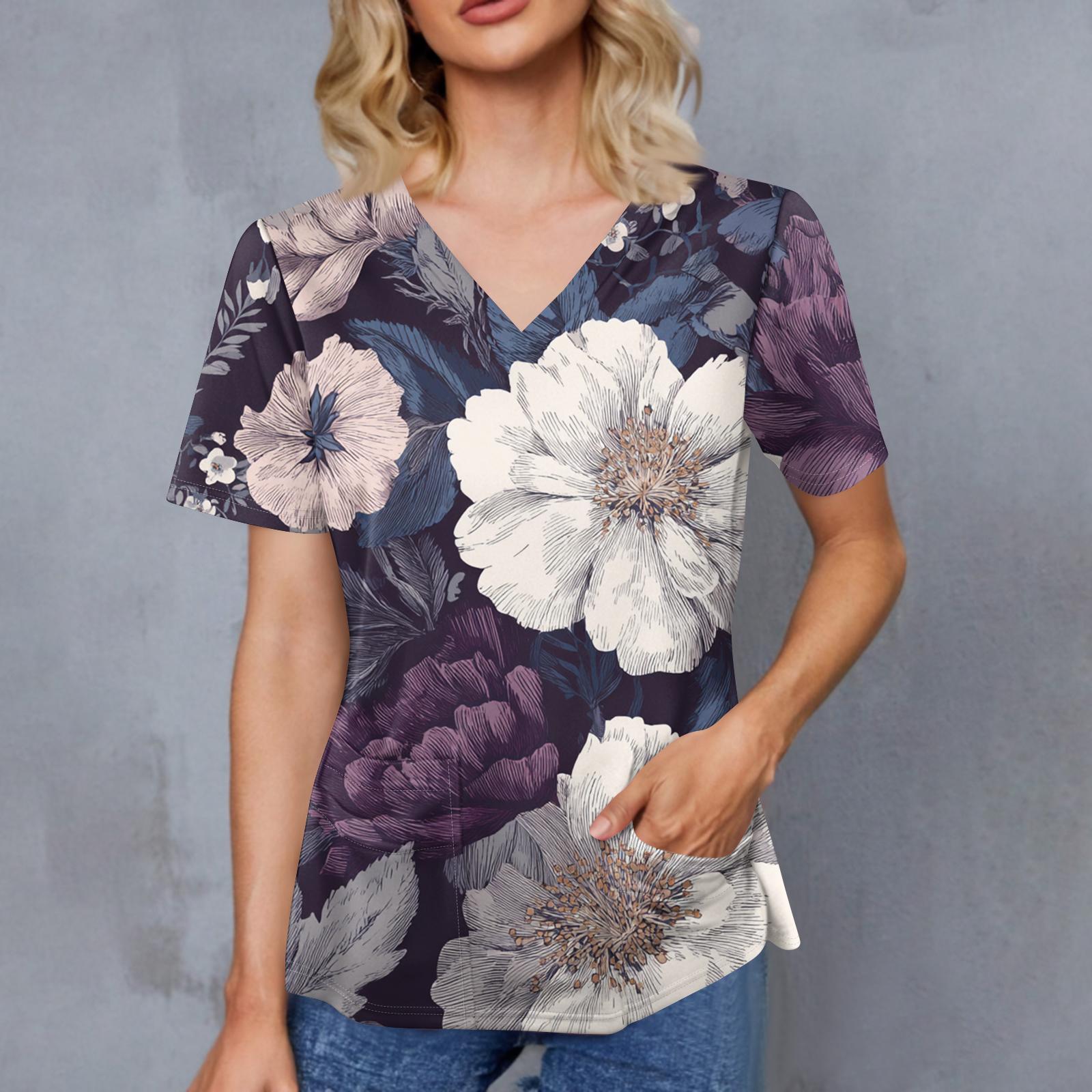 

Женский ретро-топ с принтом, V-образным вырезом, двумя карманами, короткими рукавами, разрезом по подолу, униформа для сиделки XL фиолетовый