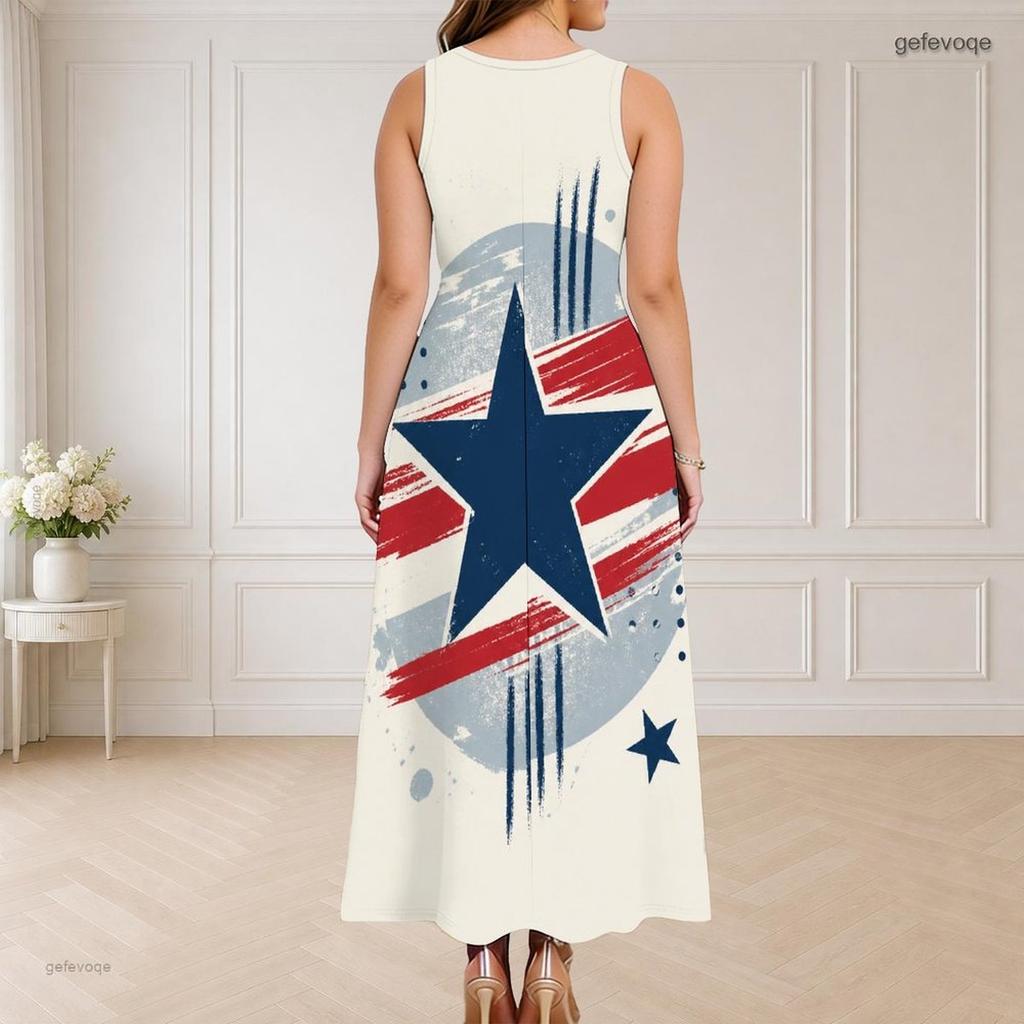 Women Plus Size Sleeveless Maxi Dress Round Neck Triple Keyhole Cutout Star Stripe Print Red Blue Off White