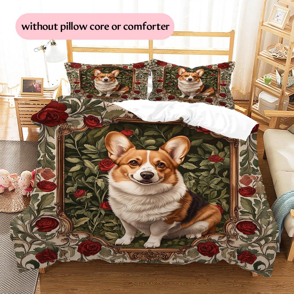 Cats and Dogs with Roses  Pattern Bedding Quilt Set  Home Decoration  Gift (1 * duvet cover + 2 * pillowcase, without core)