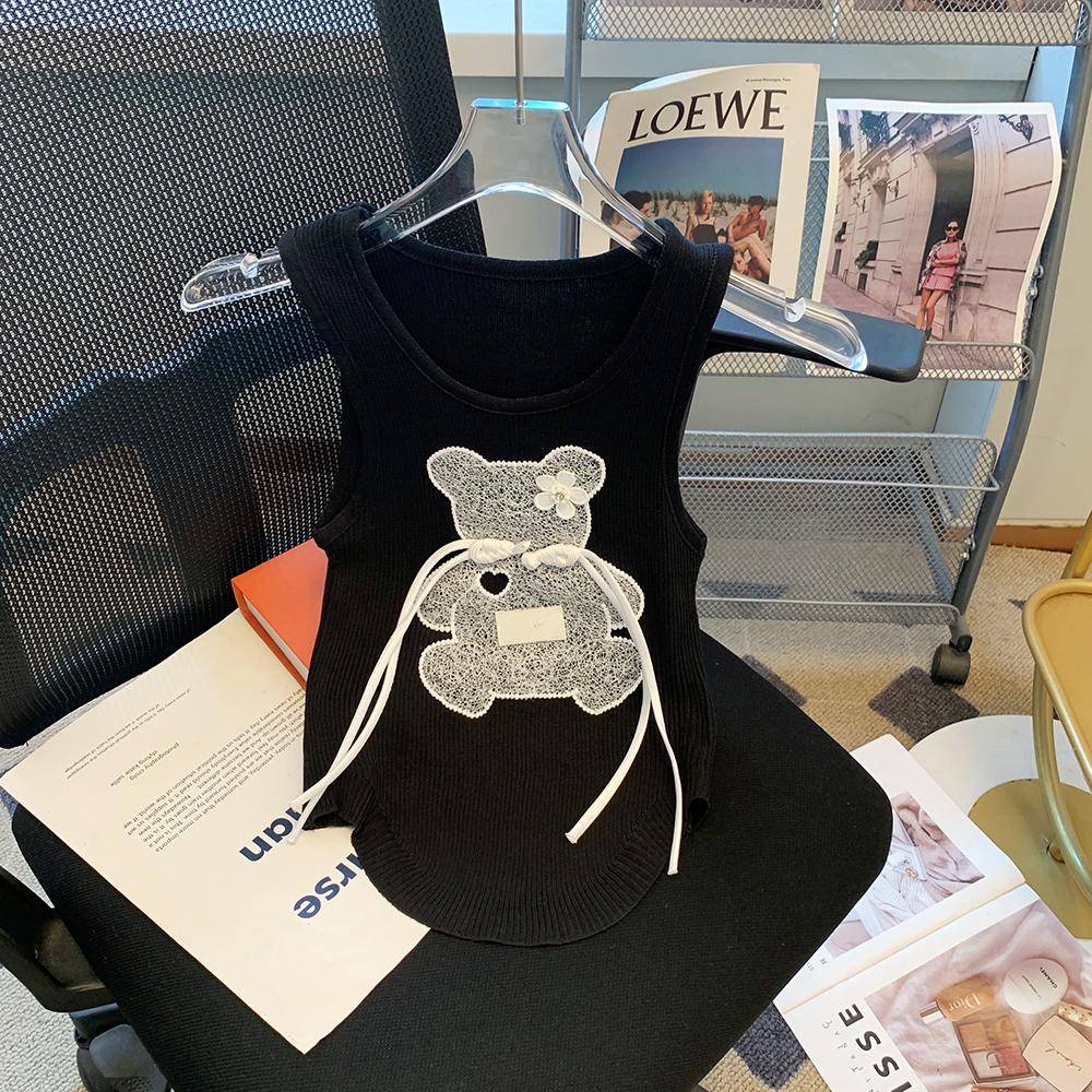 Summer Women Chic Sleeveless Cartoon Knitted Sweater Short Pullover Vest for College Girl