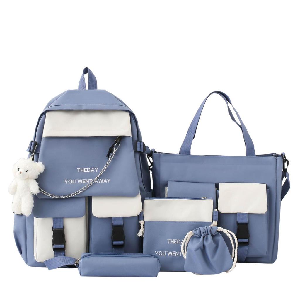 Zaino per la scuola media con ciondolo a forma di orso Zaino per il campus ad alta capacità Colore a contrasto Uomo Donna Zaino da 5 pezzi Borsa a tracolla Borsa a tracolla Astuccio