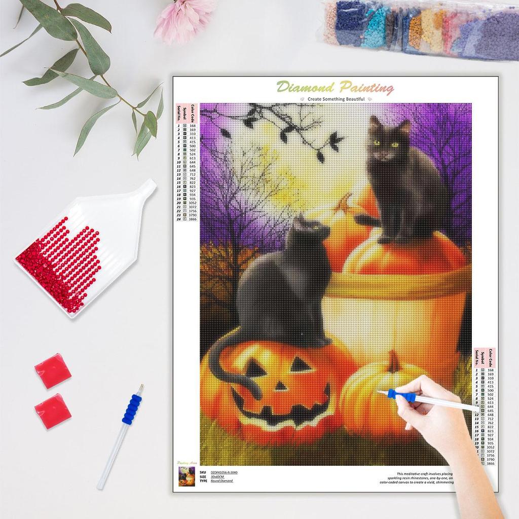 5D DIY Diamond Painting Pumpkin Cat Full Round Embroidery Halloween Mosaic Creative Hobbies Decoration For Home 30x40cm/12x16inch