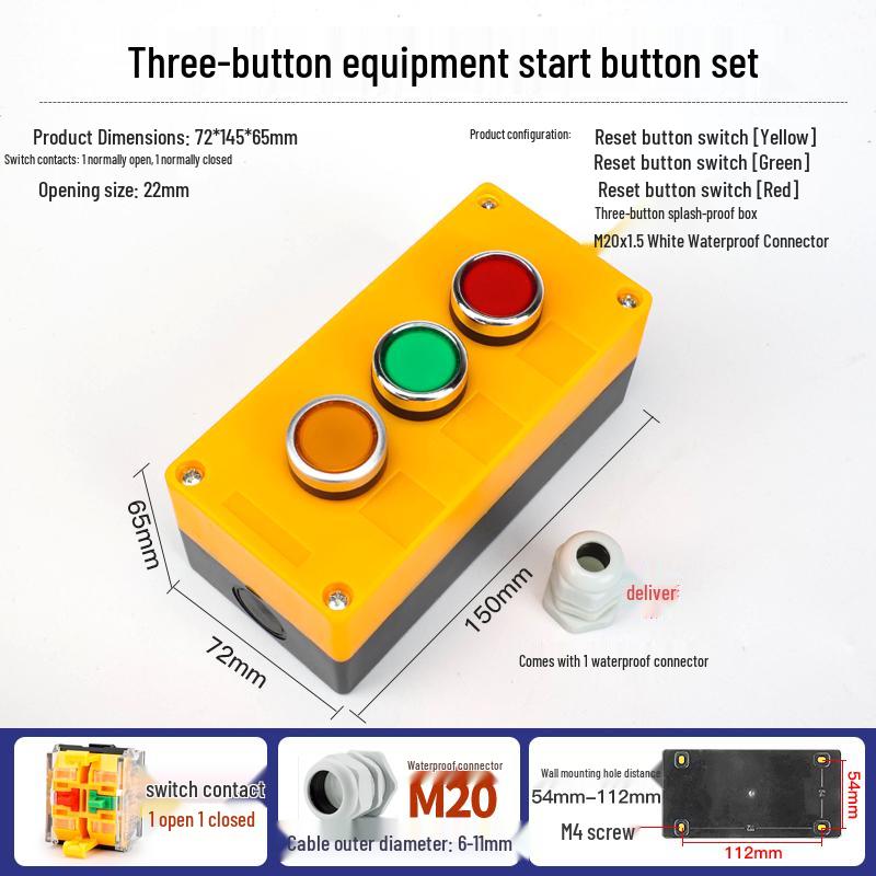 22mm Waterproof 220V Button Switch Combo: Start/Stop/Emergency Stop/Power Indicator Light