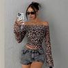 Spring and autumn sexy leopard print one-word collar women's thin long-sleeved T-shirt, fashionable sweet and spicy women's long-sleeved pullover