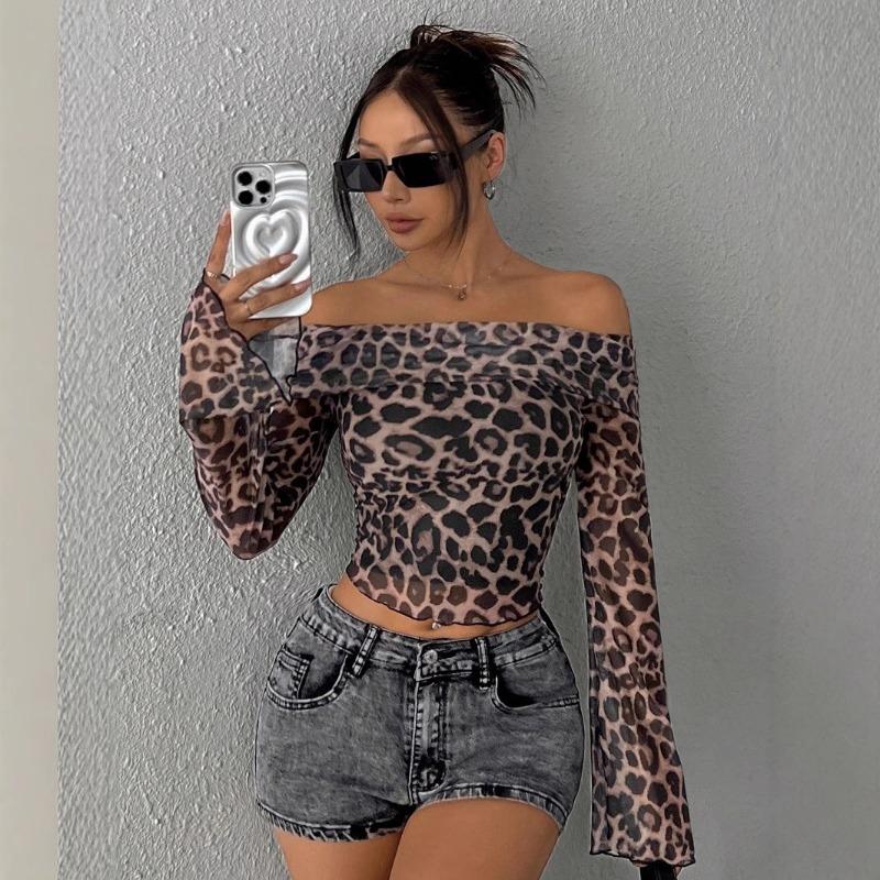 Spring and autumn sexy leopard print one-word collar women's thin long-sleeved T-shirt, fashionable sweet and spicy women's long-sleeved pullover