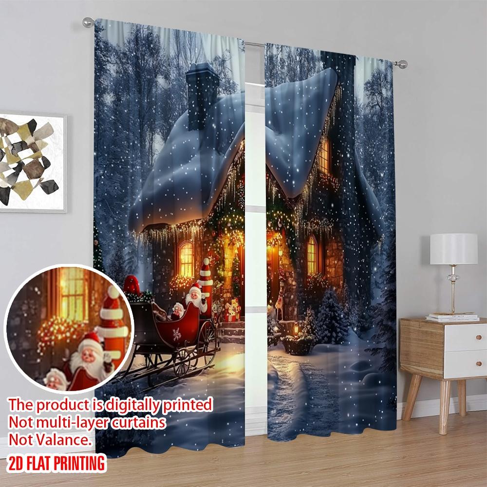 2pcs 2D flat printing Christmas Curtain Day Christmas Lodge and Sleigh Scene Durable 100% Polyester Fabric Without Electricity