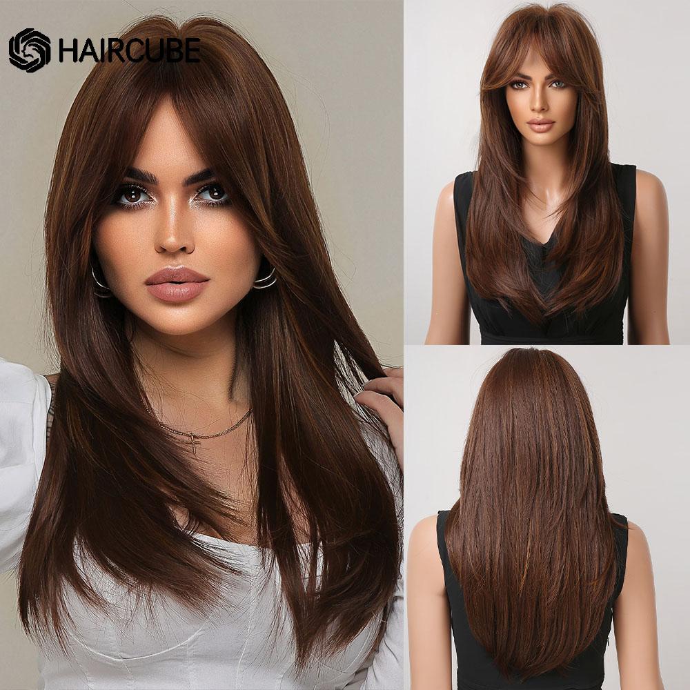 Long Wavy Layered Black-Brown Shoulder-Length Wigs With Bangs Heat Resistant Synthetic Wigs for Women Cosplay Daily Natural Wigs