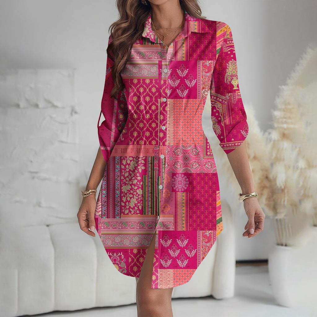 Women's Loose-fitting V-neck Long-sleeved Dress Print Work Shirt Dress